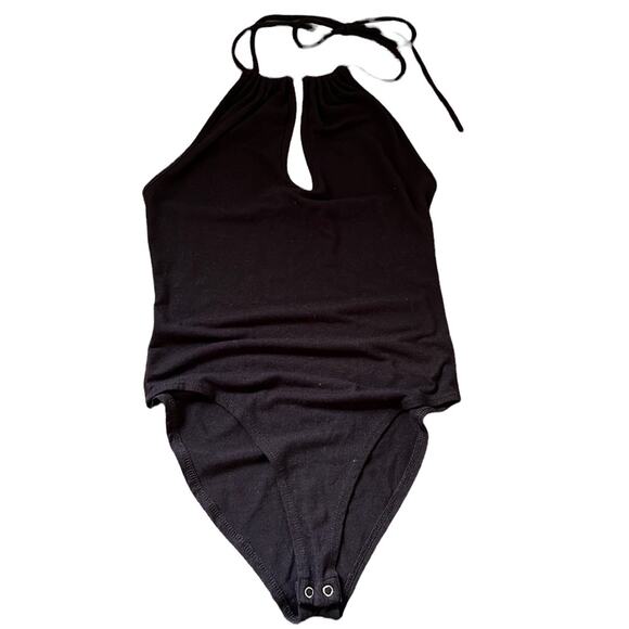 Forever 21 Tops - Forever 21 Black Self-Tie Halter Deep Cut Chest Bodysuit
